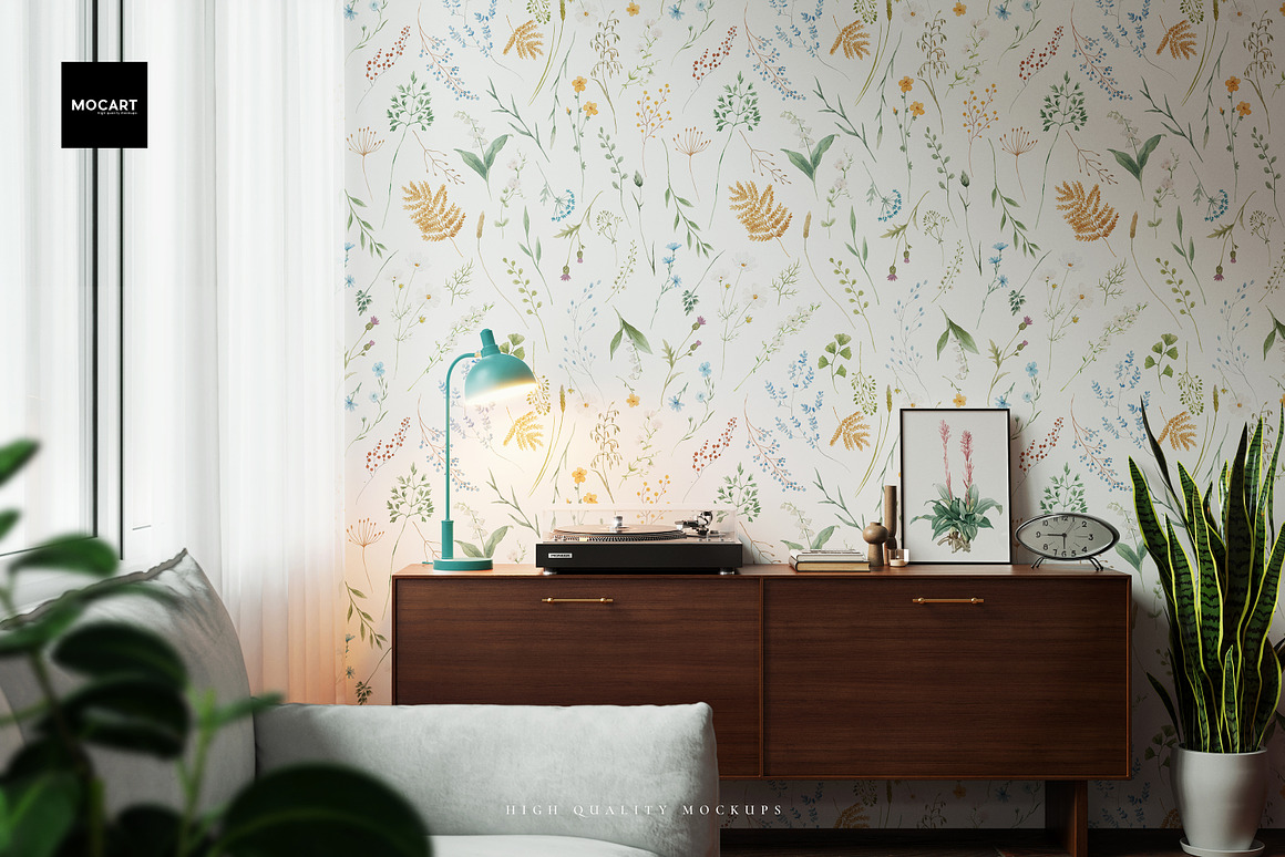 逼真客厅室内墙壁墙纸设计展示效果图psd源文件样机模板素材Living Room Wallpaper Mockup v5 , 第7张