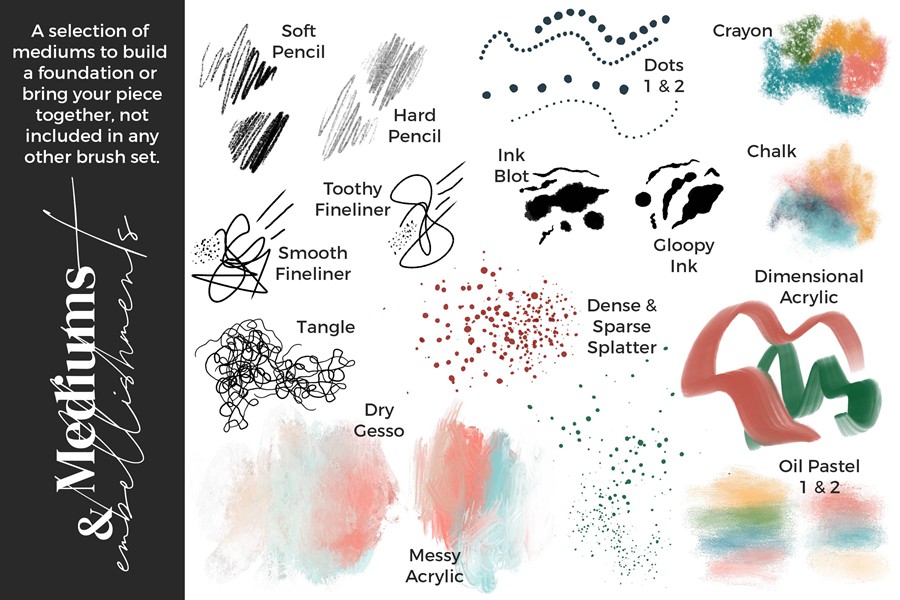 50款动态混合铅笔细线水墨粉笔蜡笔油画丙烯酸飞溅图章procreate笔刷画笔素材Alainajensen – Mixed Media Collage Brushes for Procreate , 第4张