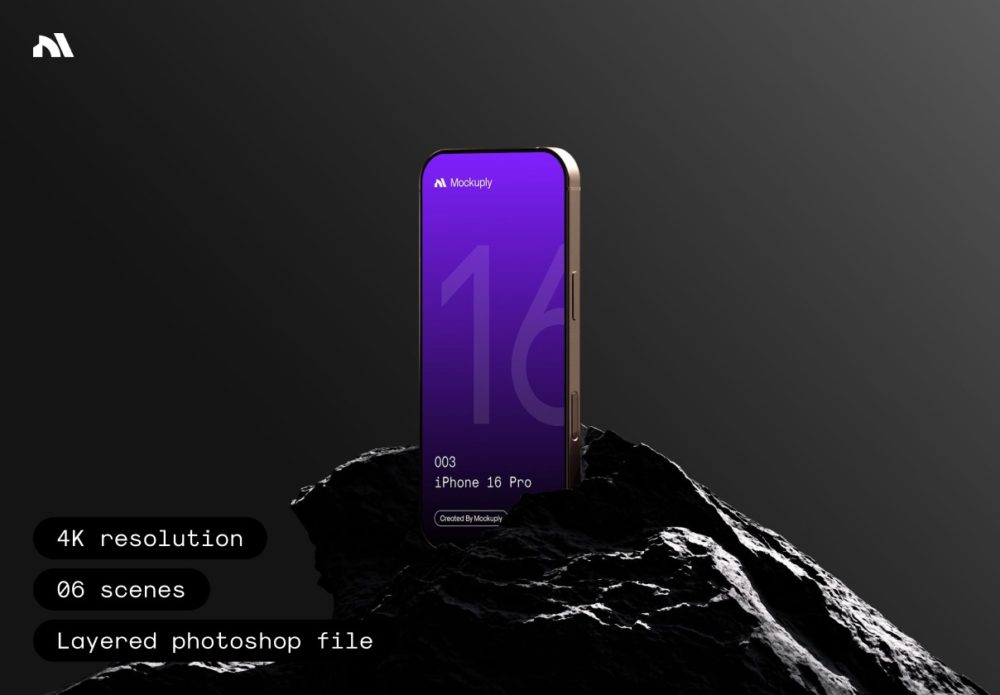 6款4K高清暗黑系岩石背景ui广告界面设计苹果iPhone 16 Pro手机贴图psd样机模板iPhone 16 Pro 003, Mockuply , 第1张