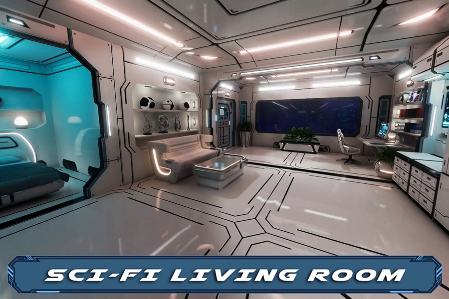 UE未来科幻赛博朋克客厅卧室室内场景3D模型素材 Sci-Fi Living Room , 第1张