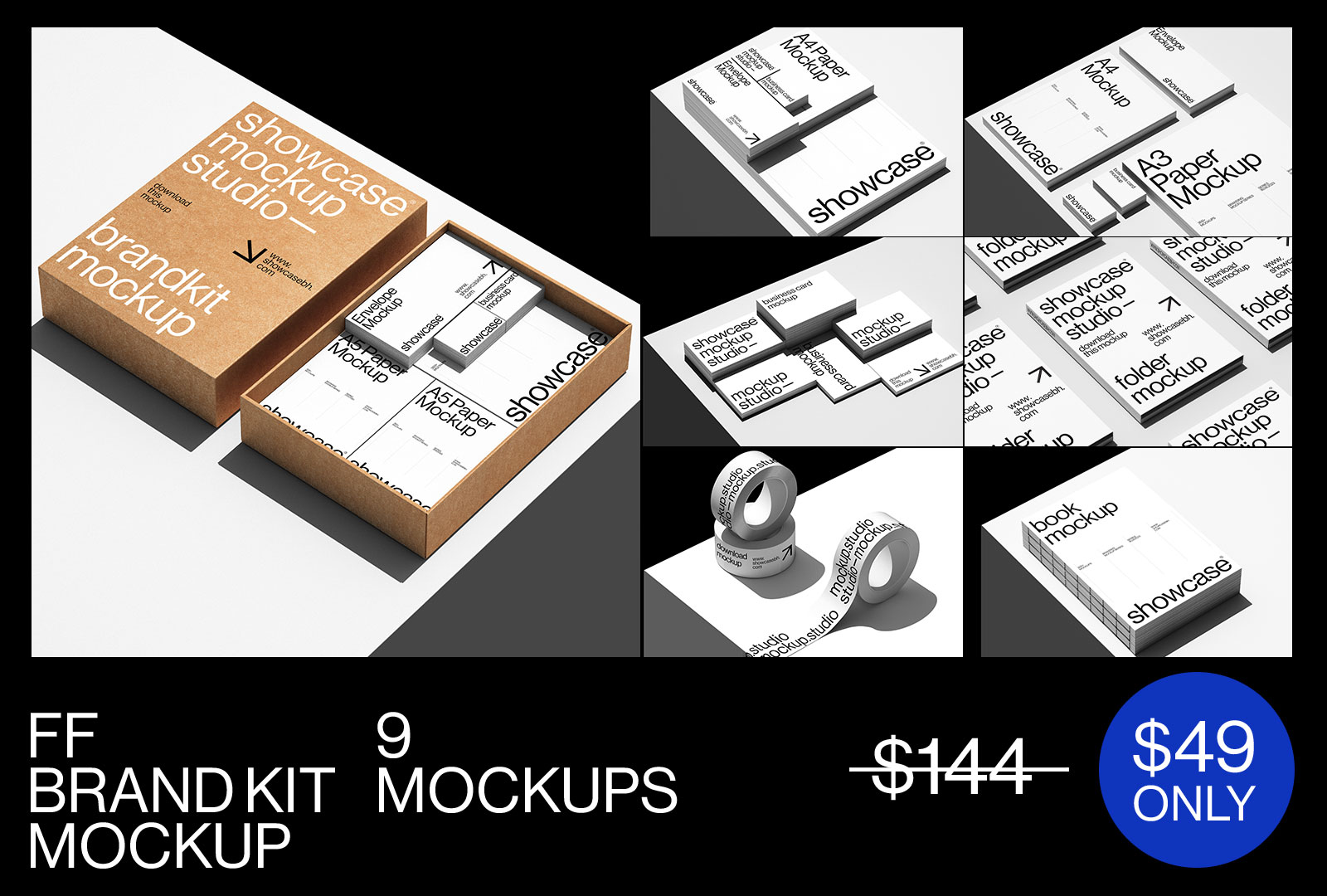 FF_Brandkit Bundle by Showcase Mockup 9款高级国外名片文件夹信封信纸活页夹品牌书胶带画册品牌vi设计ps贴图样机模板 , 第1张