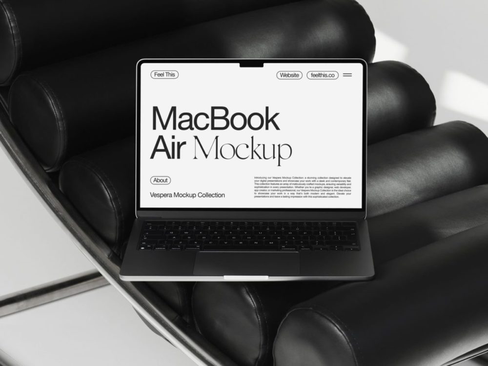 3款黑色扶椅上苹果MacBook Air笔记本电脑UI广告界面设计展示PSD样机模板 MacBook Air Mockups , 第3张