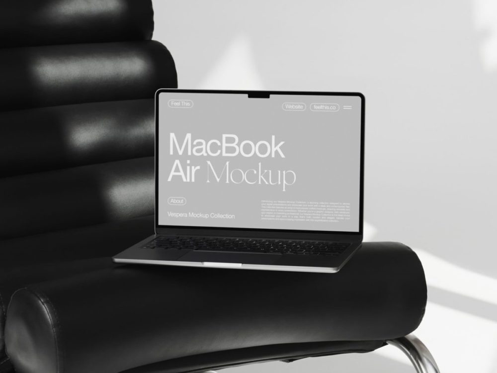 3款黑色扶椅上苹果MacBook Air笔记本电脑UI广告界面设计展示PSD样机模板 MacBook Air Mockups , 第2张