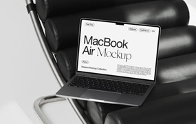 3款黑色扶椅上苹果MacBook Air笔记本电脑UI广告界面设计展示PSD样机模板 MacBook Air Mockups