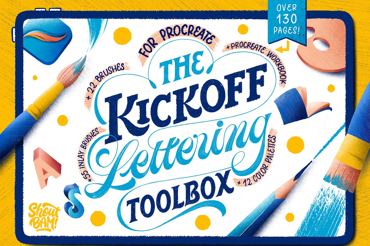 80+款粉笔蜡笔铅笔水墨花卉procreate笔刷画笔着色器设计素材 The KickOff Lettering Toolbox , 第1张