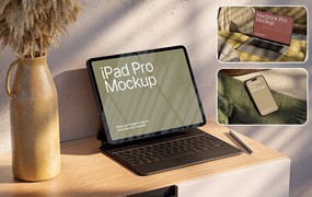 3款北欧风UI作品集界面广告设计iPhone手机iPad平板MacBook电脑展示PSD样机模板 Soft Light Tech Display Mockups