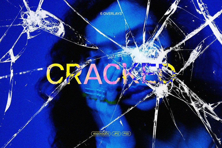 玻璃破碎效果海报封面设计PSD模板样机 Cracked Glass Overlay Textures , 第1张