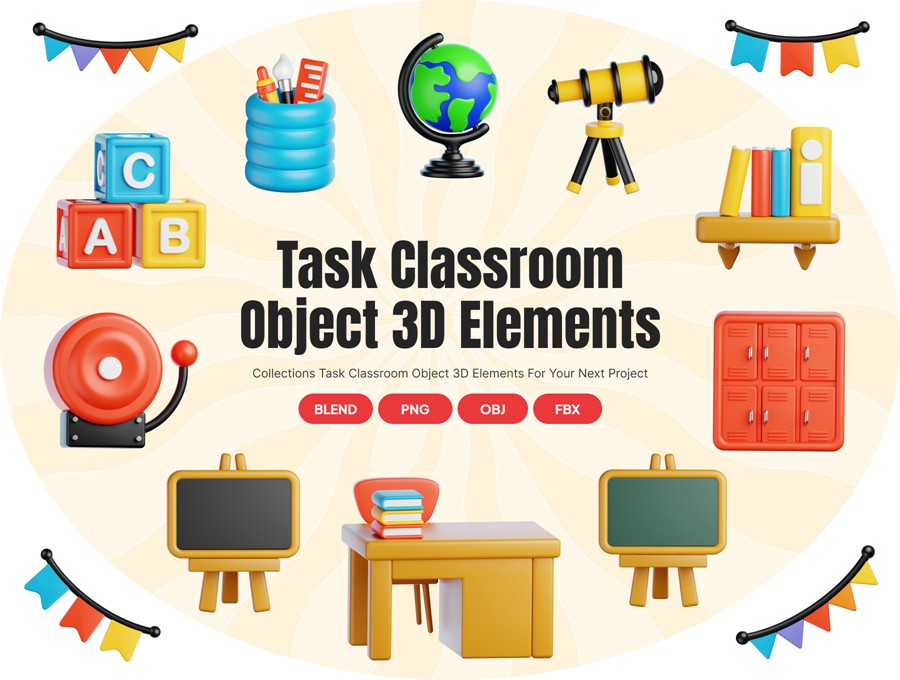 15款高级3D质感教室学习教育工具图标Icons设计Blender/PNG格式素材 Classroom Object 3D Icon , 第1张