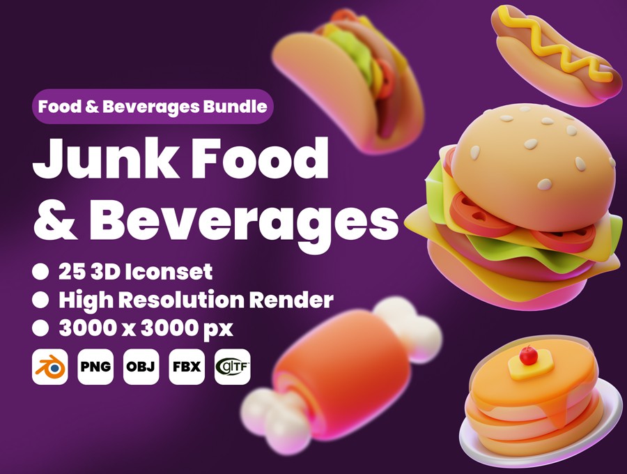 25款美食食品汉堡蛋糕饮料果汁3D图标Icons设计Blender/Fbx/Png格式素材 Junk Food & Beverages , 第1张