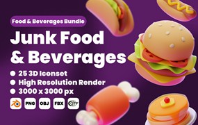 25款美食食品汉堡蛋糕饮料果汁3D图标Icons设计Blender/Fbx/Png格式素材 Junk Food & Beverages