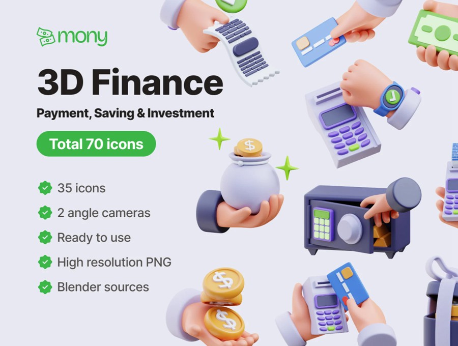 70款3D立体金融货币理财投资支付图标Icons设计Blender/Png/Obj格式素材 Mony – Finance 3D Icons , 第1张