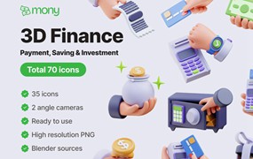 70款3D立体金融货币理财投资支付图标Icons设计Blender/Png/Obj格式素材 Mony – Finance 3D Icons