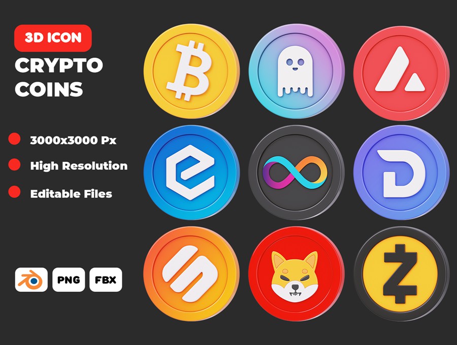 44款3D立体圆形金融加密货币图标Icons设计Blender/Fbx/Png格式素材 Crypto Coins 3D Icon Pack , 第1张