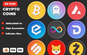 44款3D立体圆形金融加密货币图标Icons设计Blender/Fbx/Png格式素材 Crypto Coins 3D Icon Pack