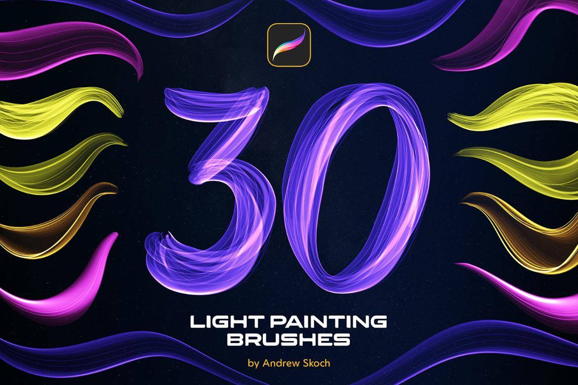 30款霓虹灯科技光条发光线条绘画效果procreate笔刷画笔素材 Light Painting Procreate Brushes , sucaiwan.com
